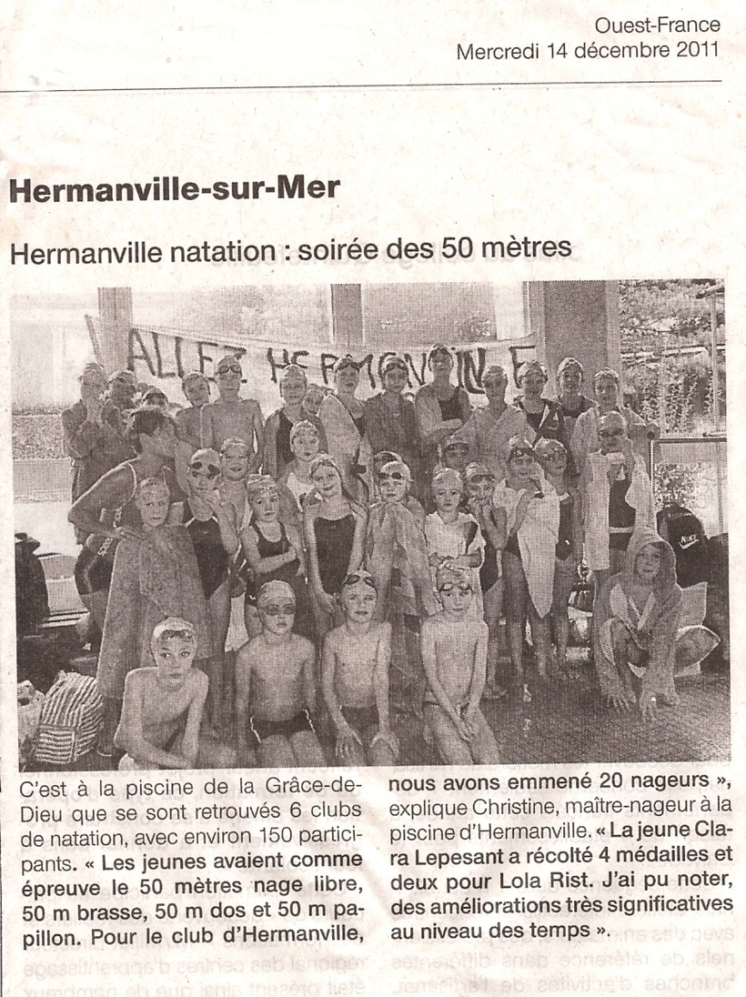Article de Ouest France sur la participation du club Hermanville Natation à une compétition