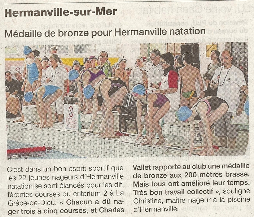 Ouest France : Mars 2012 : Médailles de bronze pour le club de natation d'Hermanville sur mer