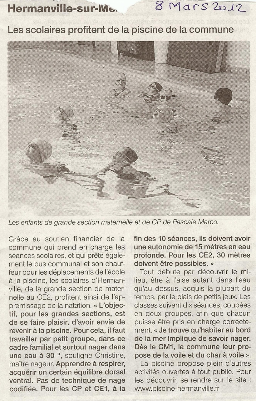 Ouest France : 8 Mars 2012 : Les scolaires d'hermanville sur mer à la piscine