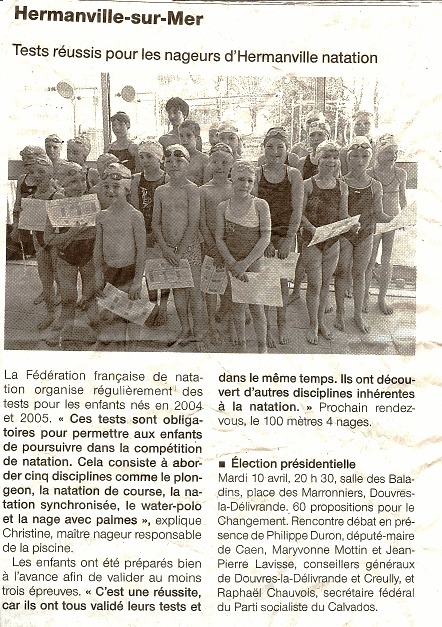 Ouest France : Avril 2012 : Tests réussis pour les nageurs d'Hermanville natation