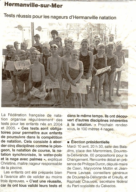 Ouest France : Avril 2012 : Tests réussis pour les nageurs d'Hermanville natation Ouest France : Avril 2012 : Tests réussis pour les nageurs d'Hermanville natation