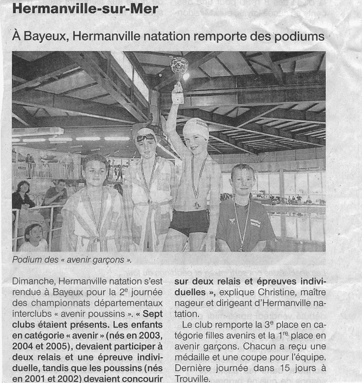 Ouest France : Mai 2012 : A Bayeux, Hermanville natation remporte des podiums