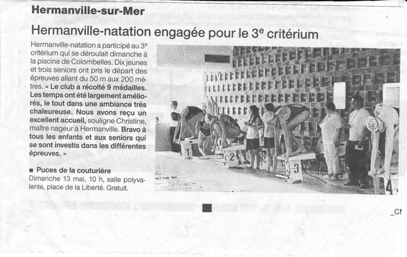 Ouest France : Mai 2012 : A Colombelles, Hermanville-natation engagée pour le 3ème Critérium