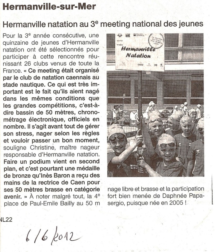 Ouest France : 2 et 3 juin Mai 2012 : A Caen, Hermanville-natation au 3ème meeting national des jeunes