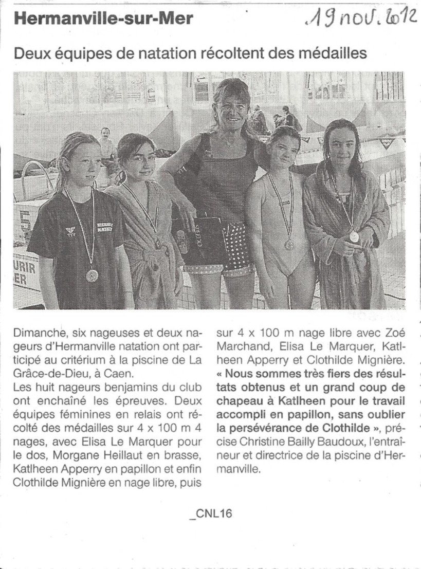 Ouest France : Novembre 2012 : Deux équipes de natation récoltent des médailles Ouest France : Novembre 2012 : Deux équipes de natation récoltent des médailles