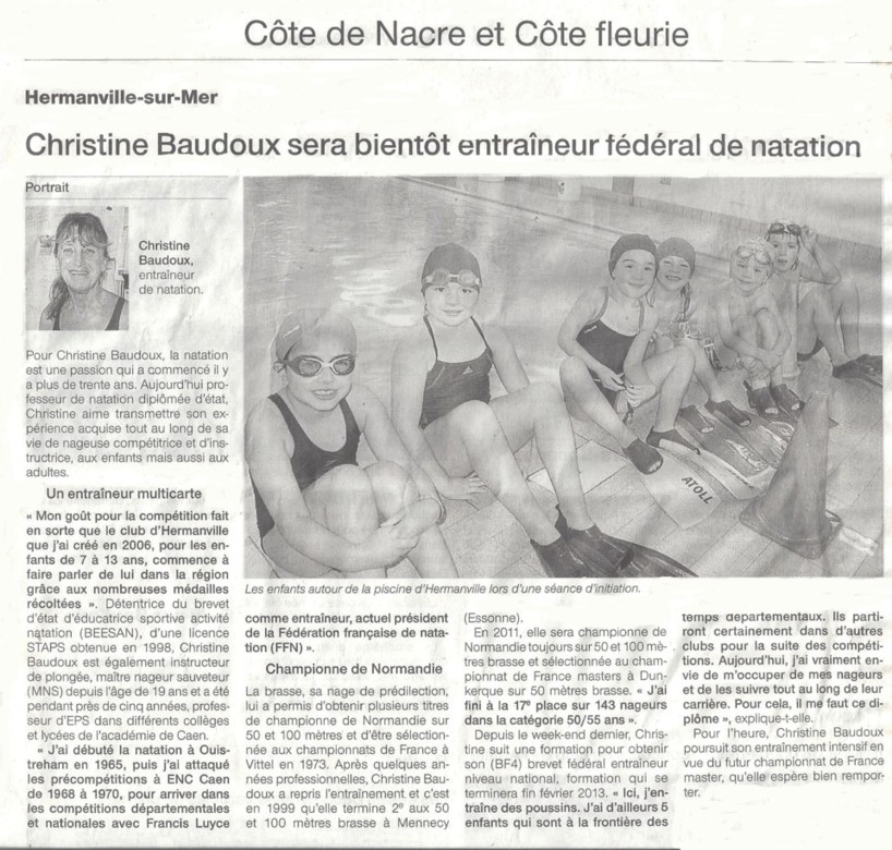 Ouest France : décembre 2012 : Christine Baudoux sera bientôt entraîneur fédéral de natation