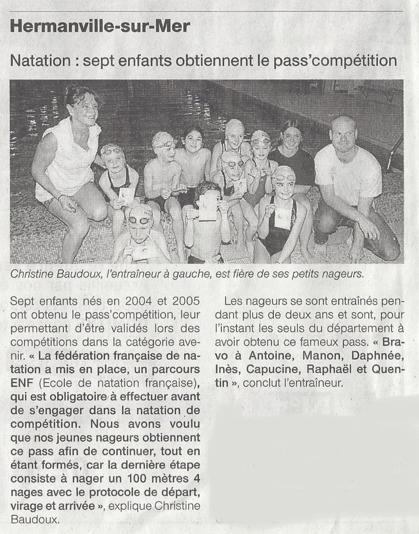 Ouest France : 23 janvier  2013 : 7 enfants obtiennent le pass'compétition