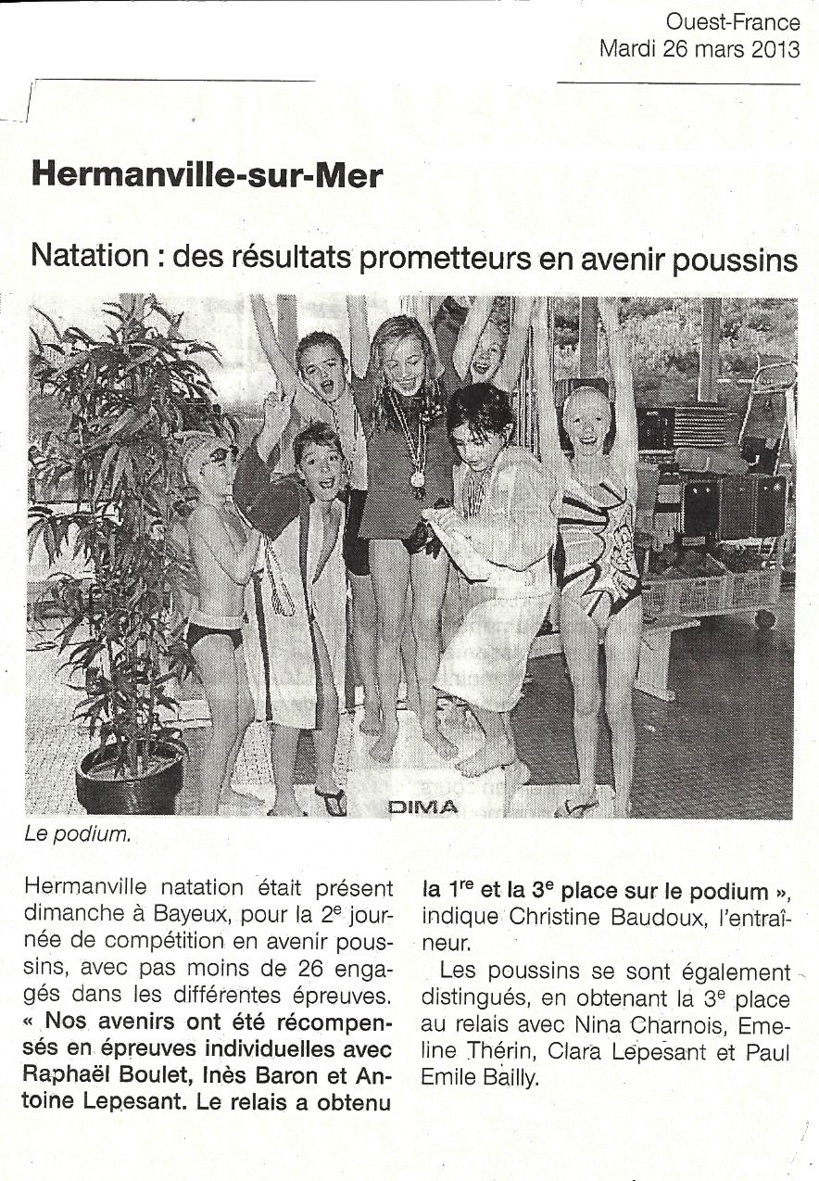 Ouest France : 26 mars 2013 : Natation : des résultats prometteurs en avenir / poussins