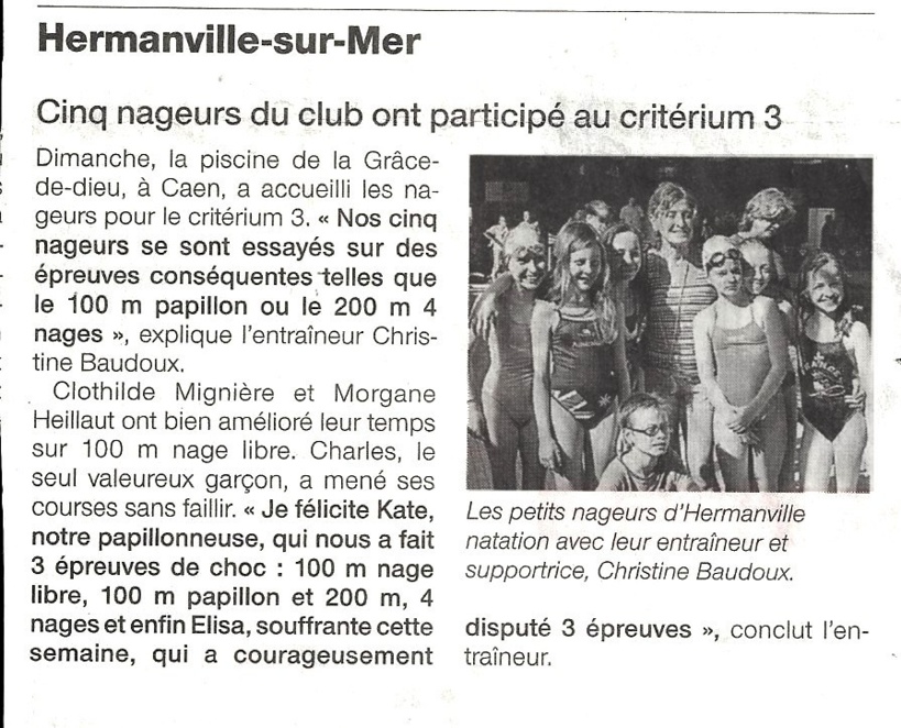 Ouest France : 15 avril 2013 : Natation : Cinq nageurs du club ont participé au critérium 3